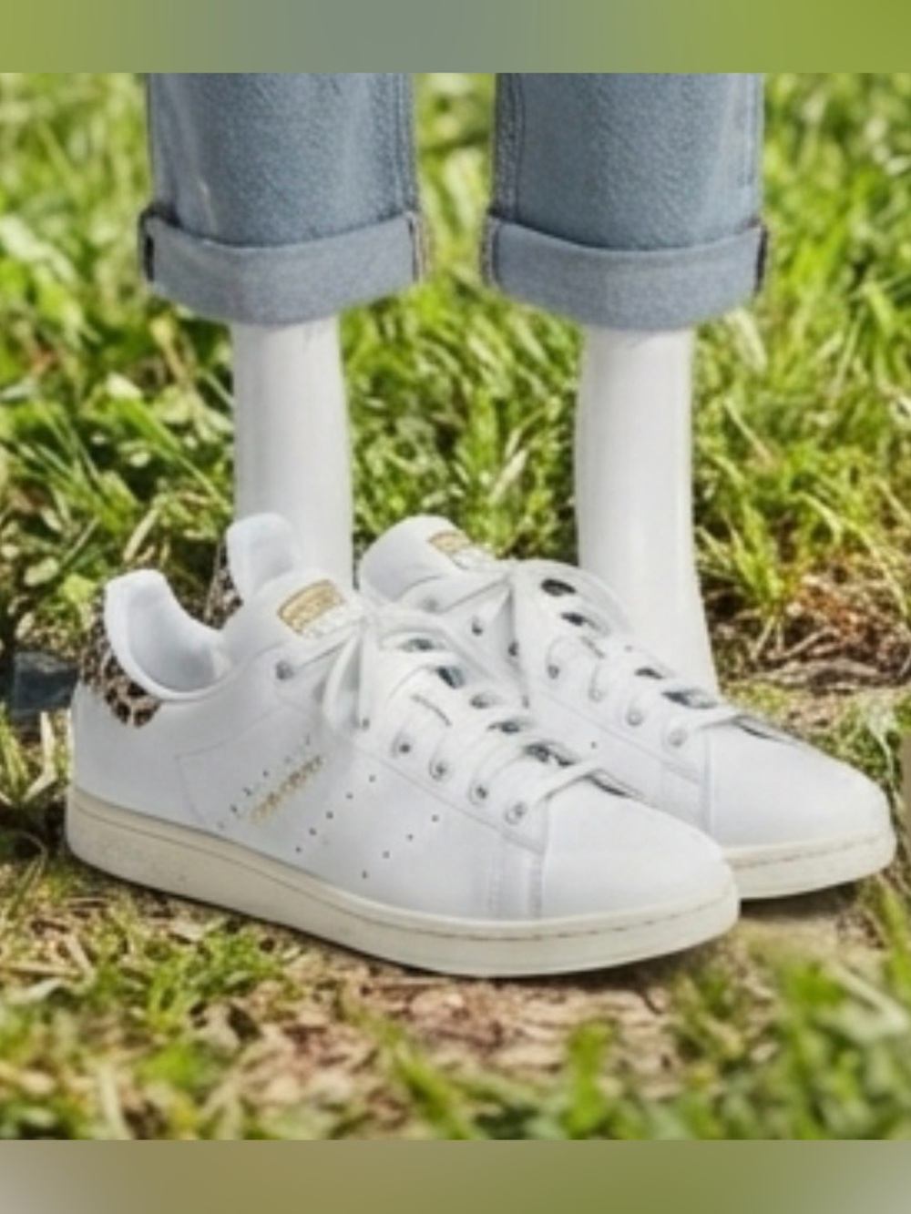 adidas Stan Smith White Leather Sneakers with Leopard Heal and Gold Tongue Patch
